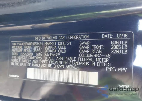 2016 Volvo Xc90 T6 Momentum from USA, damaged, VIN YV4A22PK0G1065434